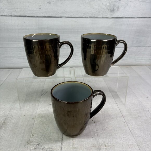 Food Network ANGELICA Light Blue Bronze Metallic 16oz Stoneware Cups Mugs Set 3 - Picture 4 of 16